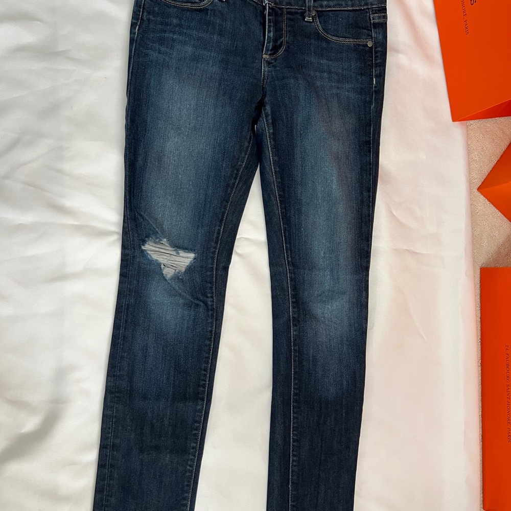 PAIGE Dark Blue Skinny Jeans with Distressed Detail